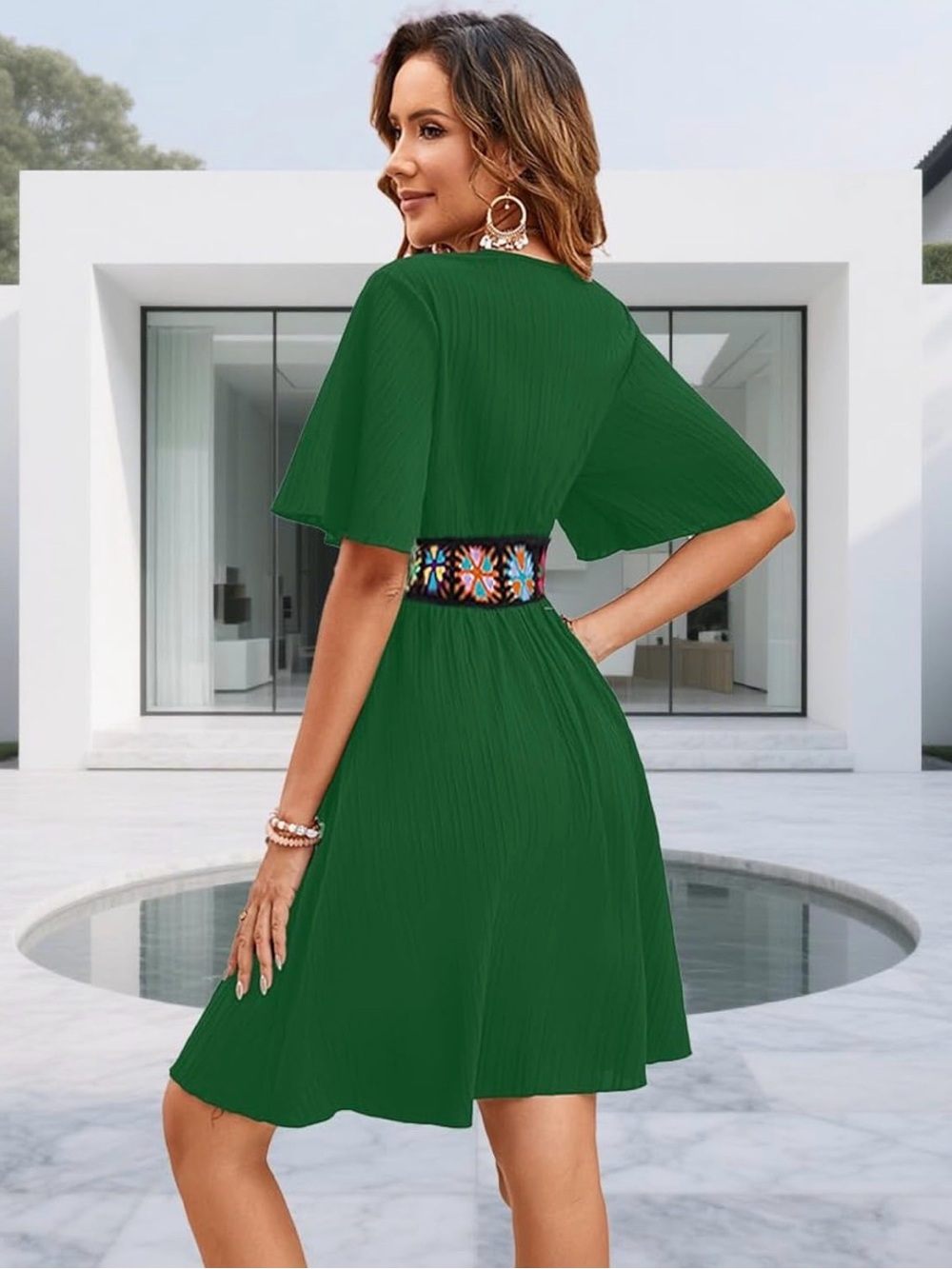 TDiooCor Green V-Neck Midi Dress with Embroidered Waistband NWT Size Large - Picture 3 of 9
